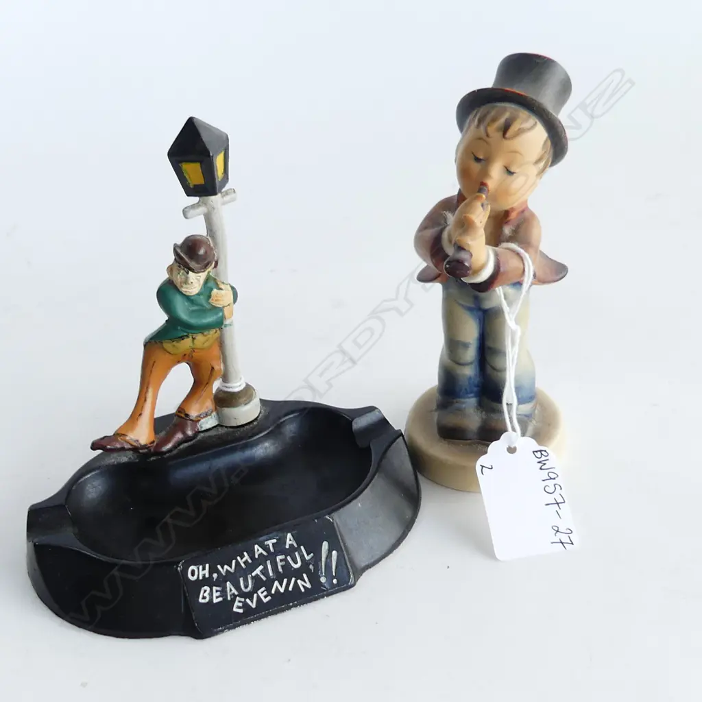 HUMMEL FIGURINE 'SERENADE' H. 120MM & DRUNKEN MAN OLD BAKELITE ASHTRAY H. 110MM Image 1++