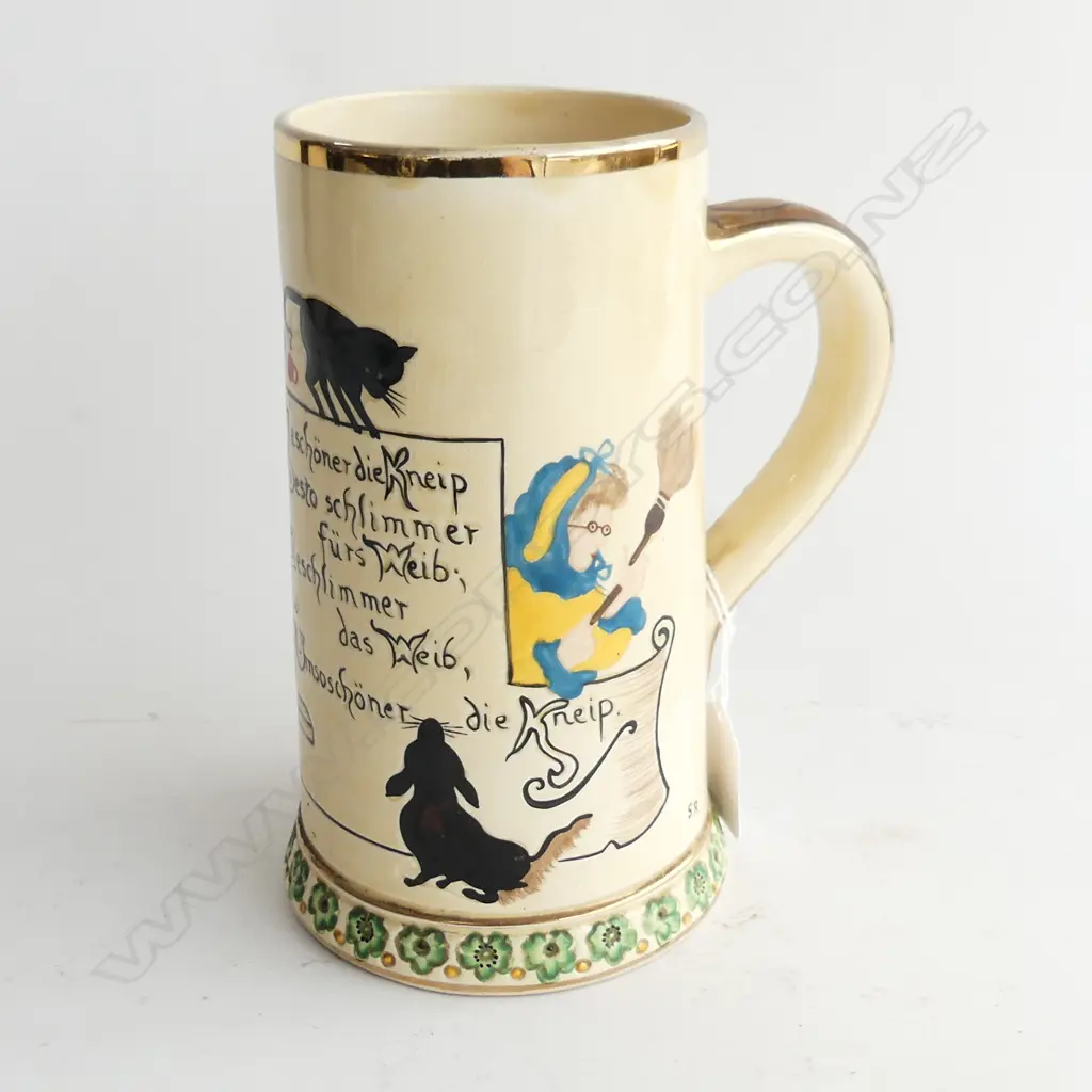MUSICAL SYLVAN POTTERY LARGE BEER STEIN WITH GERMAN PUB SCENE SIGNED S.R H. 190MM   Image 1++