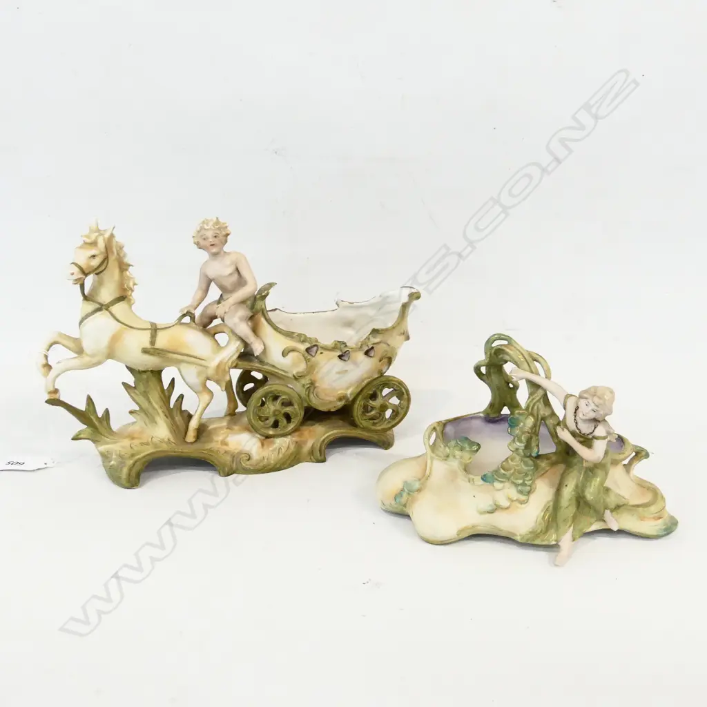 2 ANTIQUE (AUSTRIAN?) VASES - HORSE & CART L.250mm + OTHER - BOTH w. PROFESSIONAL REPAIRS Image 1++