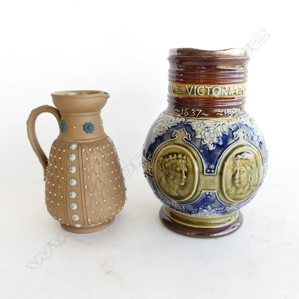 2 DOULTON LAMBETH JUGS; STG RIM QUEEN VICTORIA H.190mm & OTHER SILICON H.145mm Image 1++