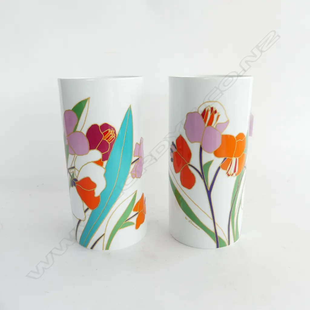 PR LG ROSENTHAL STUDIO LINE ENAMEL FLORAL PATTERN VASES H. 225MM Image 1++