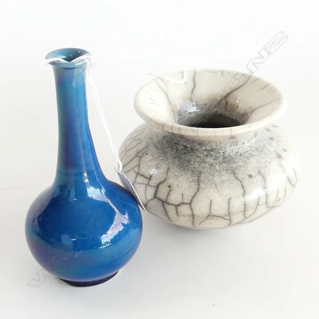 JAPANESE AWAJI BLUE VASE (H. 160MM) & RAKU VASE (H100MM) Image 1++