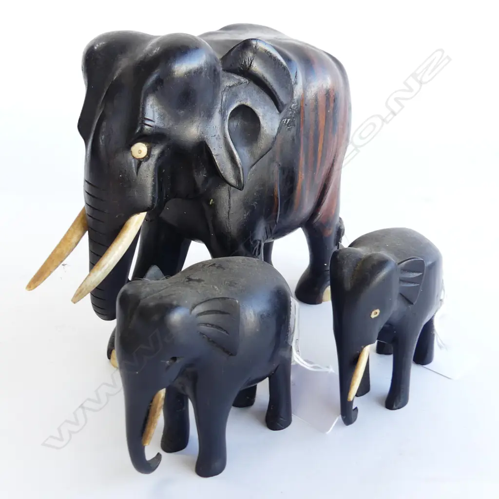 THREE EBONY ELEPHANTS. LARGEST WITH BROWN ACCENTS H.150mm SMALLEST 75mm . SOME TUSK DAMAGE. Image 1++
