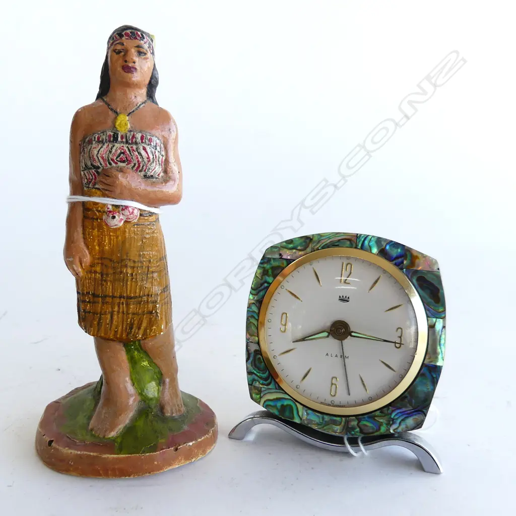 TWO FOLKART ITEMS. PLASTER WAHINE POSSIBLY 1970S H.140mm &  DECO PAUA  ALARM CLOCK H.75mm Image 1++