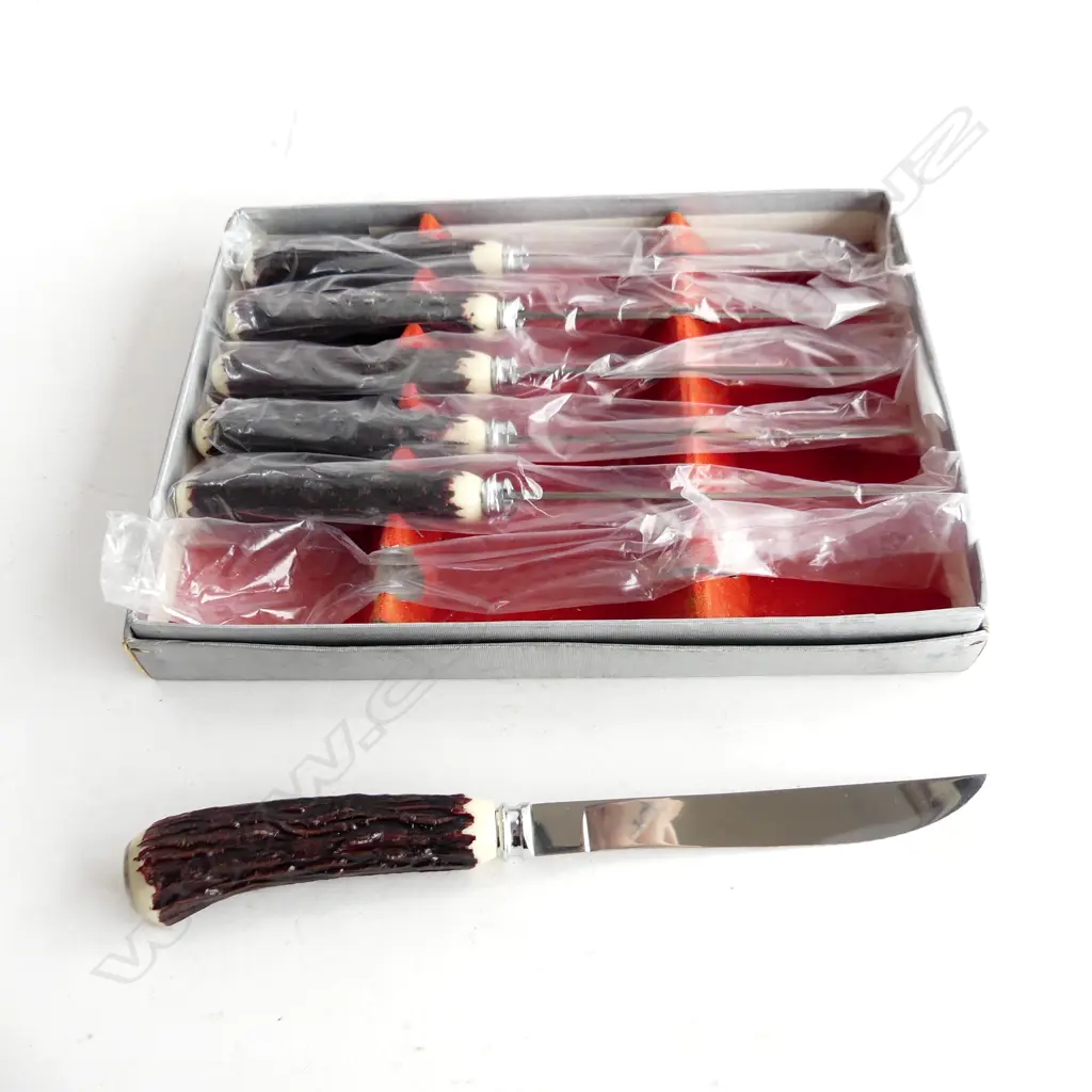 VINTAGE BOXED SET 6 EMPRESS STAINLESS STEEL & FAUX STAG HORN STEAK KNIVES Image 1++