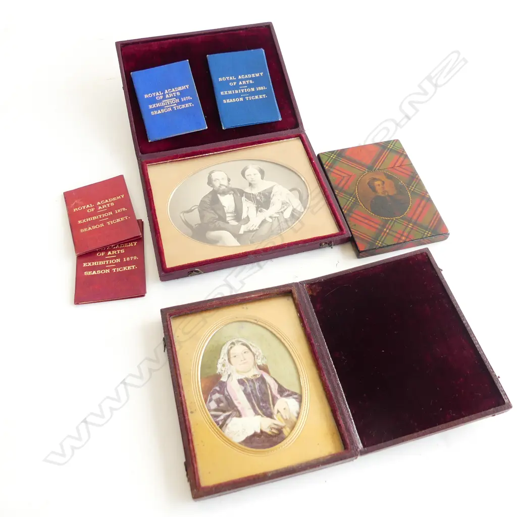 TWO VICTORIAN PHOTOS IN LEATHER CASES/MAUCHLINE TARTANWARE CARD CASE/4 19THC SEASON TICKETS TO ROYAL ACADEMY OF ARTS Image 1++