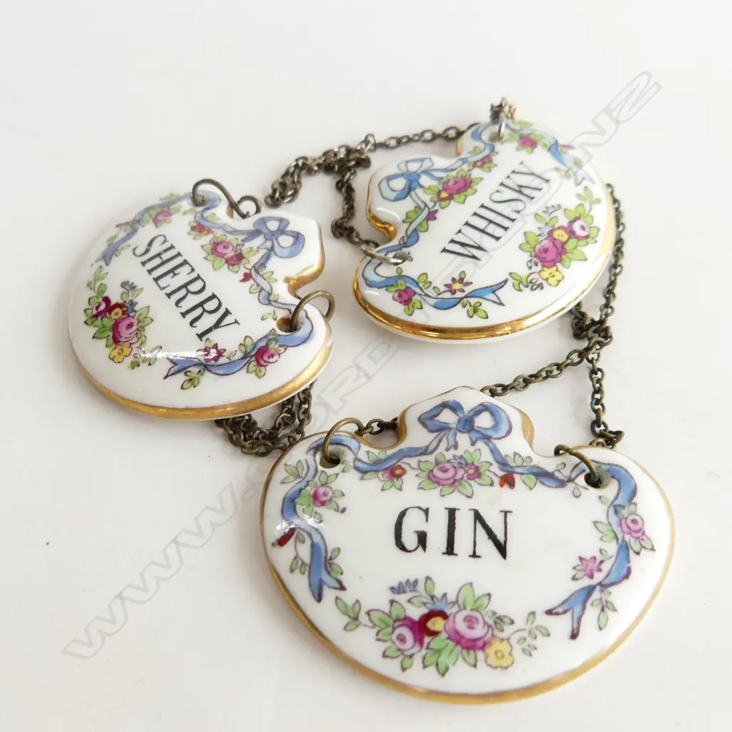 THREE DECANTER LABELS WHISKY, GIN & SHERRY BY ROYAL CROWN DERBY PORCELAIN Image 1++