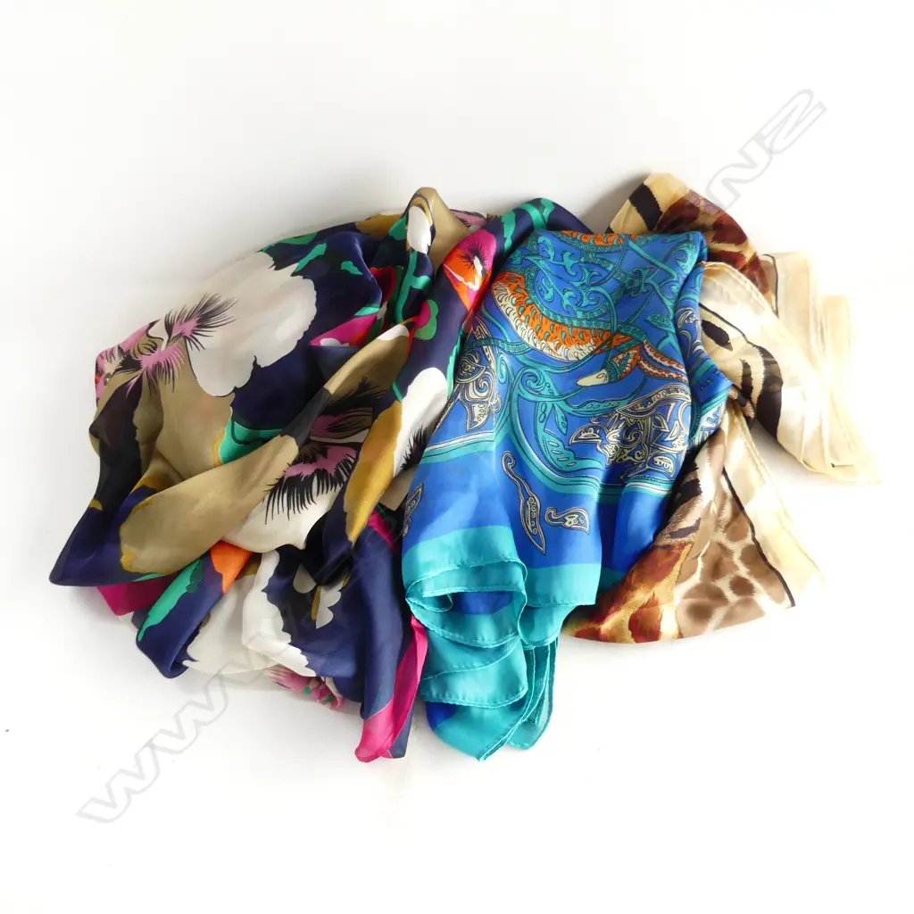 3 SILK SCARVES; HERMES (blue), KENZO (floral), ADRIENNE VITTADINI (animal print) Image 1++