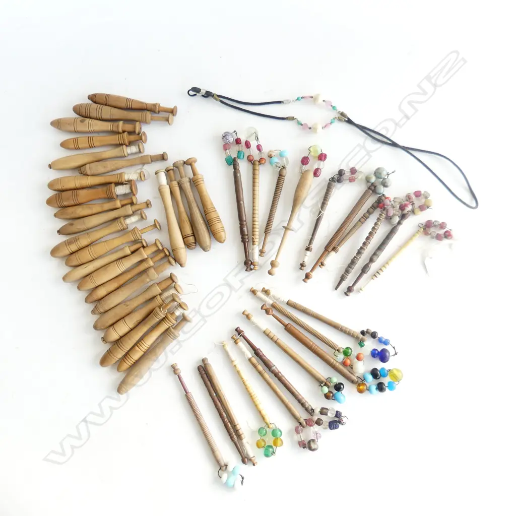 BOX OF TURNED WOOD LACE MAKERS BOBBINS w beads etc Image 1++