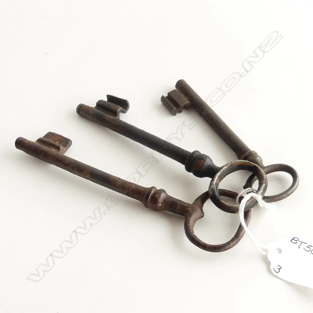 THREE ANTIQUE FORGED IRON KEYS L. 130MM Image 1++