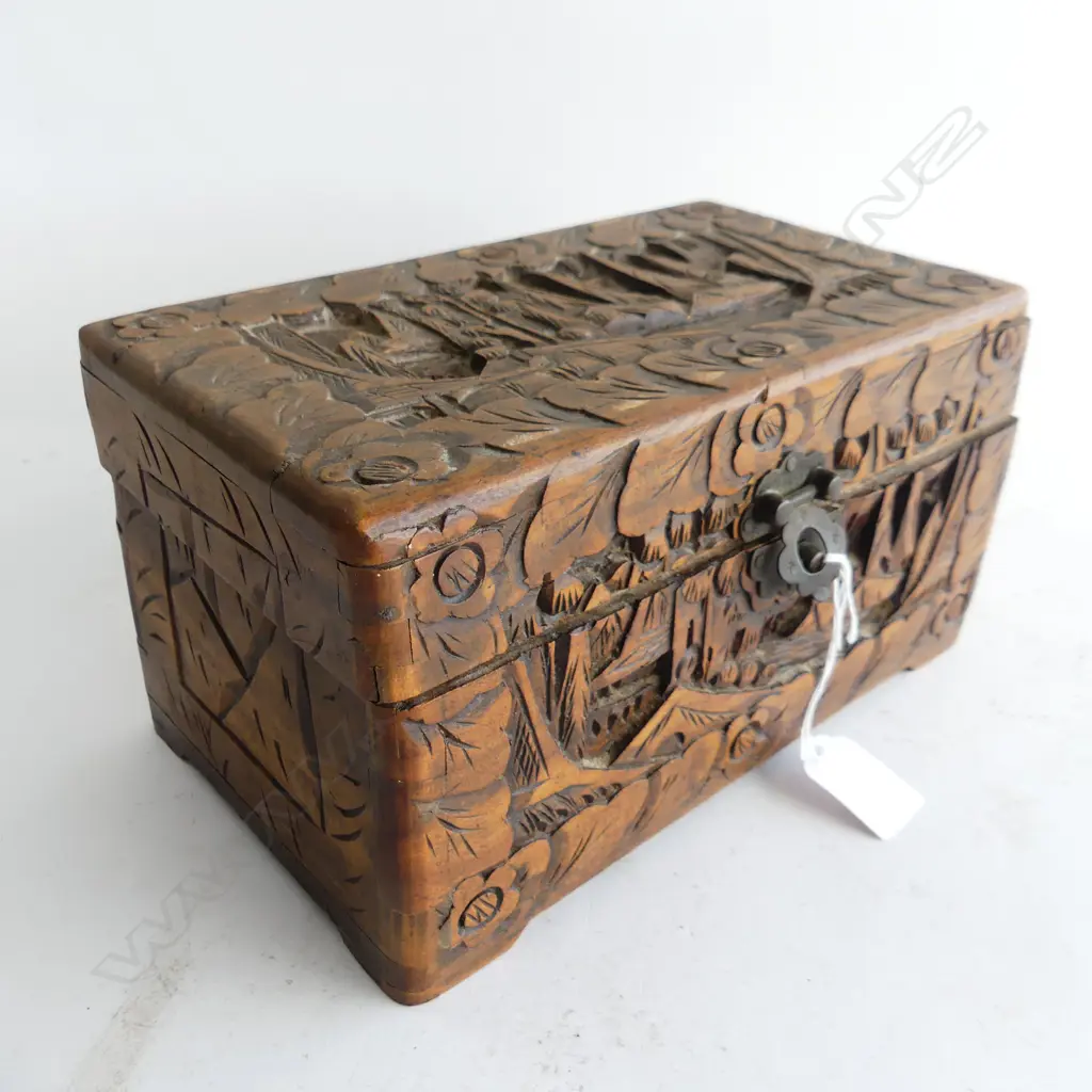 SMALL CARVED WOODEN ORIENTAL CAMPHOR BOX W.245mm w. ASST. CONTENTS Image 1++