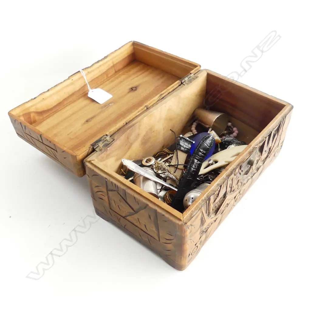 SMALL CARVED WOODEN ORIENTAL CAMPHOR BOX W.245mm w. ASST. CONTENTS Image 1++