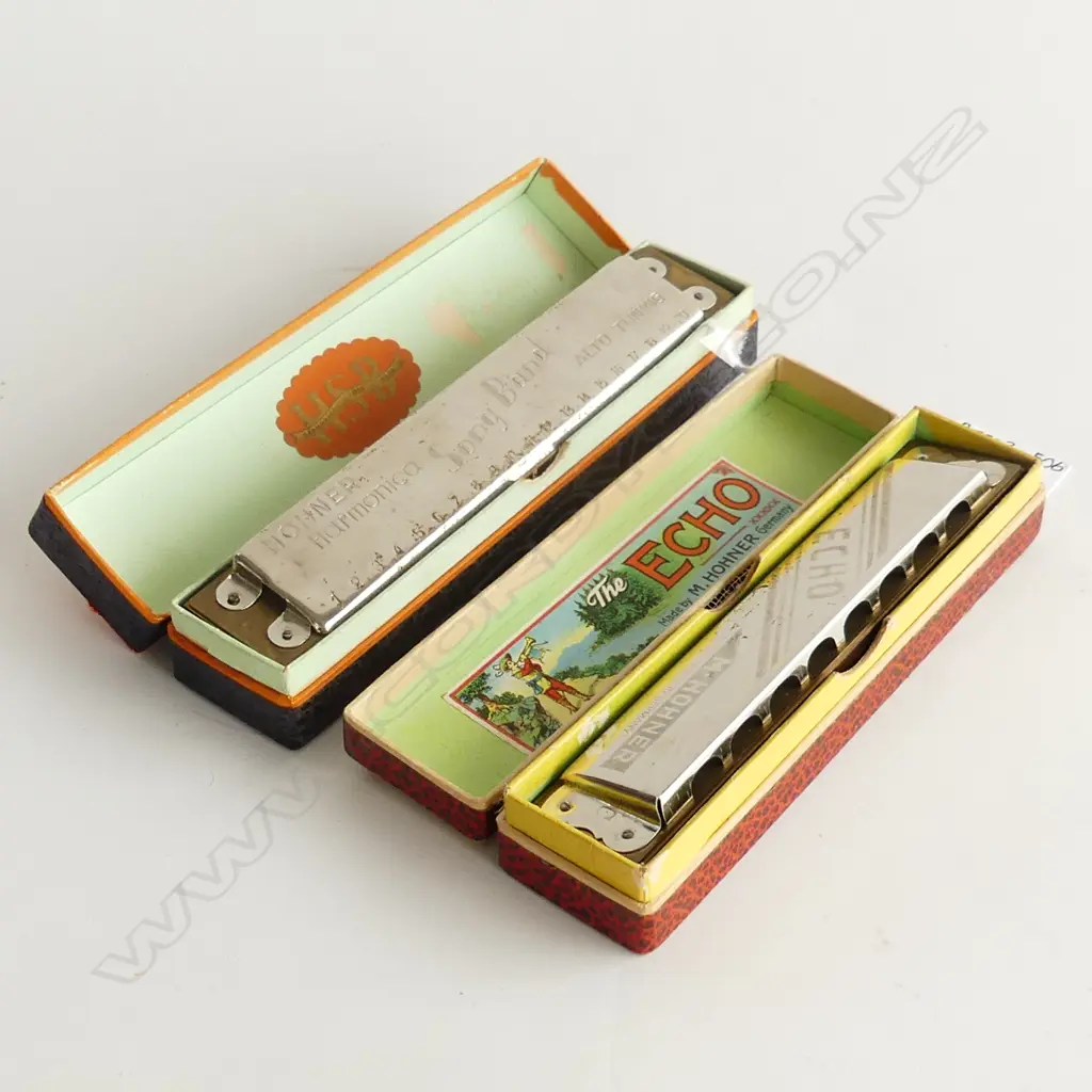 TWO VINTAGE GERMAN M. HOHNER HARMONICAS IN BOXES L. 170MM Image 1++