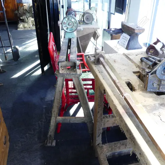 WOODEN LATHE, L.1600mm, H.1130mm EX. PHIL BROADBENT WORKSHOP
