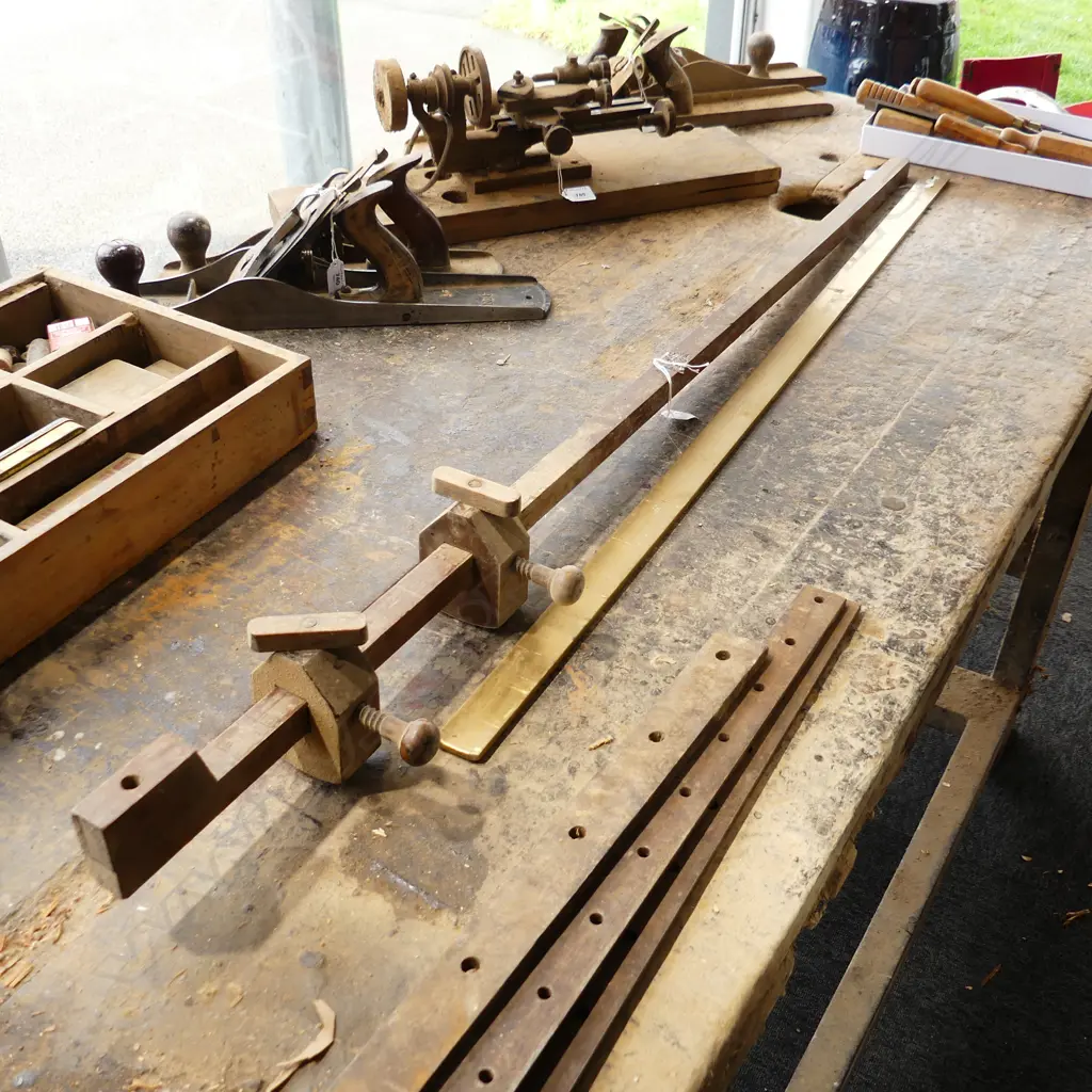 WOODEN SASH CLAMP, 1125mm & BRASS ROD, 1105mm EX. PHIL BROADBENT WORKSHOP Image 1++
