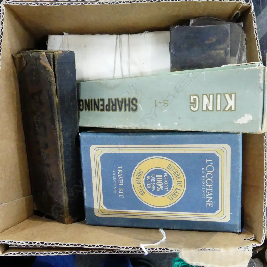 BOX LOT OF UNUSED  HINGES SHARPENING STONES AND FOUR BLADES. Image 1++