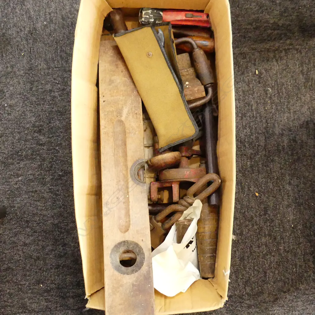 BOX LOT OF TOOLS. INCLUDES LGE LEVEL SMALL VICES SPOKE SHAVES (LGE) ETC.  Image 1++