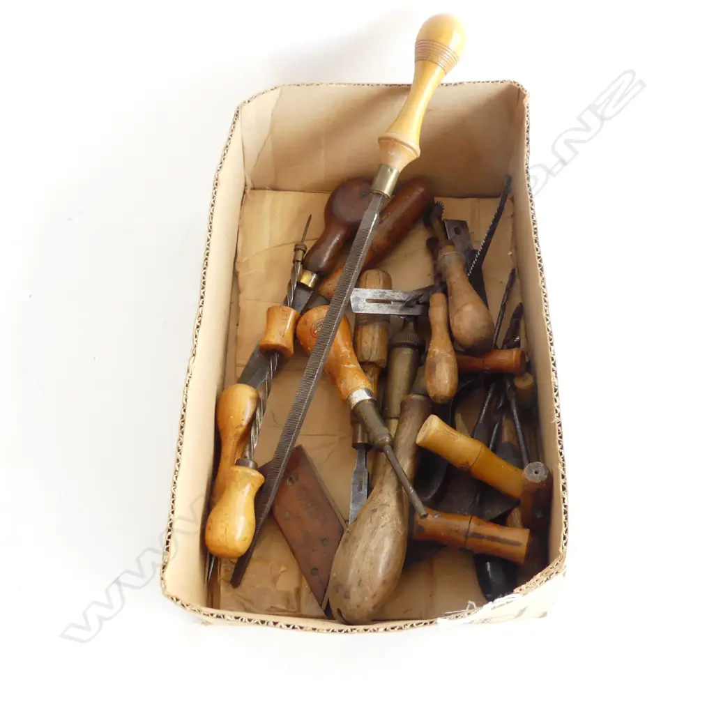 BOX ANTIQUE SMALL HAND TOOLS. push drill + chisels etc Image 1++