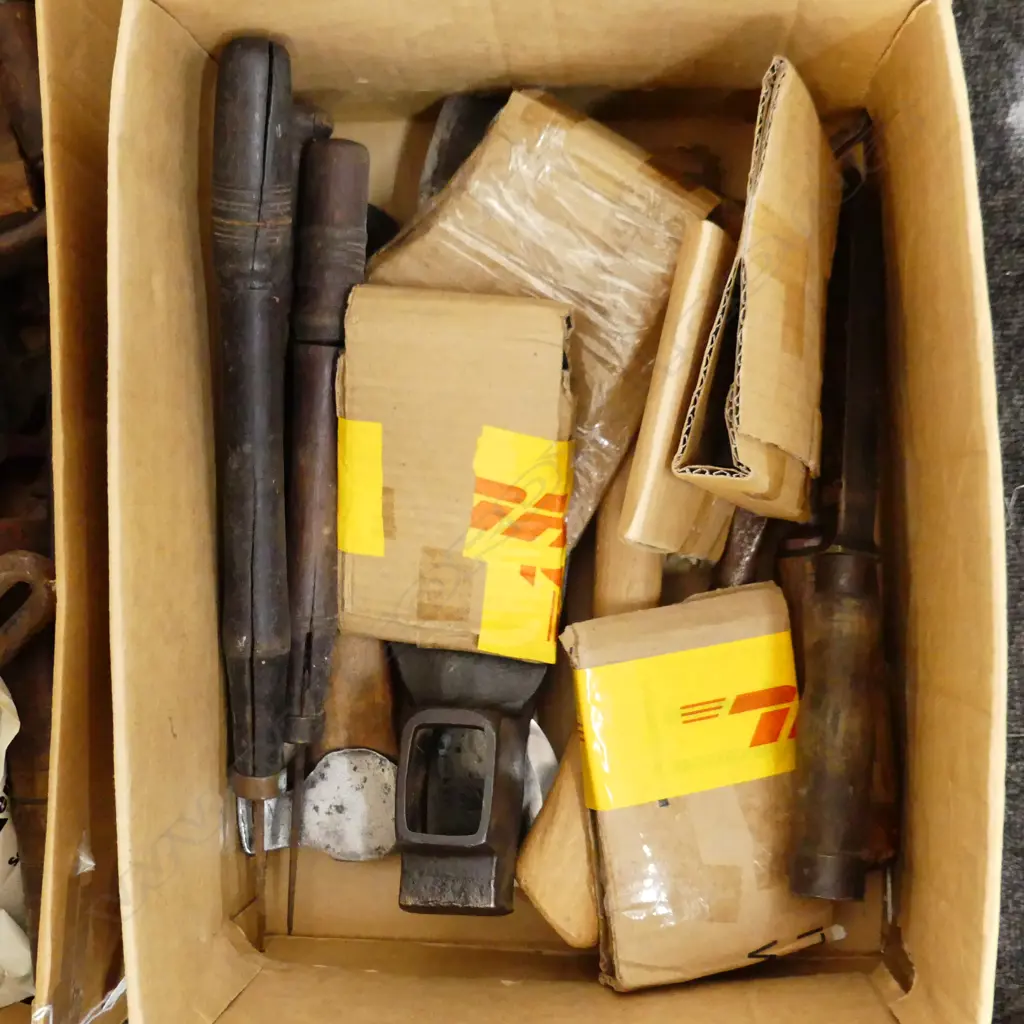 BOX OF AXES ETC. THREE AXES FIVE AXE HEADS A GRUBBER HEAD & SIX POINTED TOOLS. Image 1++