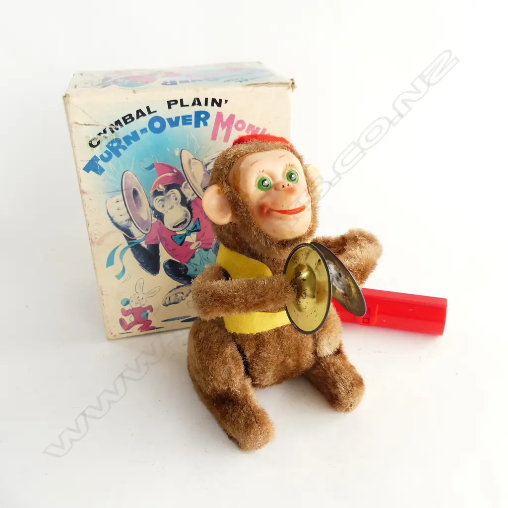 TOY 'TURN OVERY CYMBAL PLAYING MONKEY', BATTERY OPERATED REMOTE CONTROL, MADE IN JAPAN BY NOMURA, C1960'S ORIGINAL BOX Image 1++