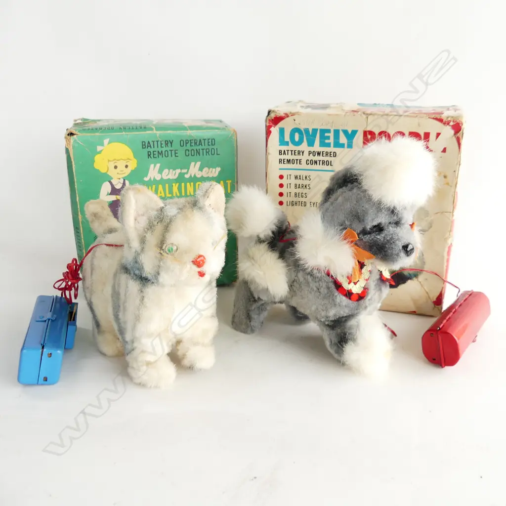 VINTAGE REMOTE CONTROL TOYS; MEW MEW WALKING CAT BY MASUDAYA & LOVELY POODLE BY YONEZAWA, BOTH IN ORIG. BOXES Image 1++