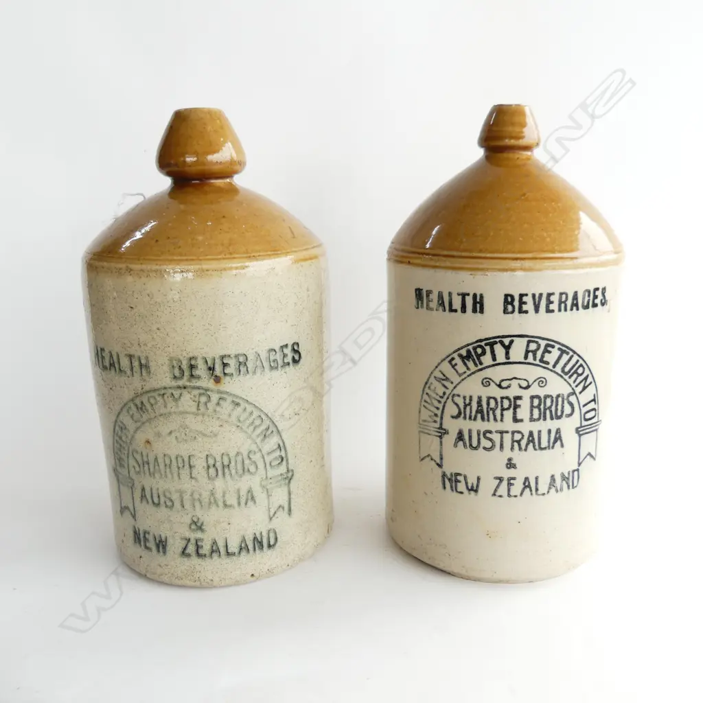 TWO STONEWARE CROCKS SHARPE BROS NZ & AUSTRALIA H. 330MM   Image 1++