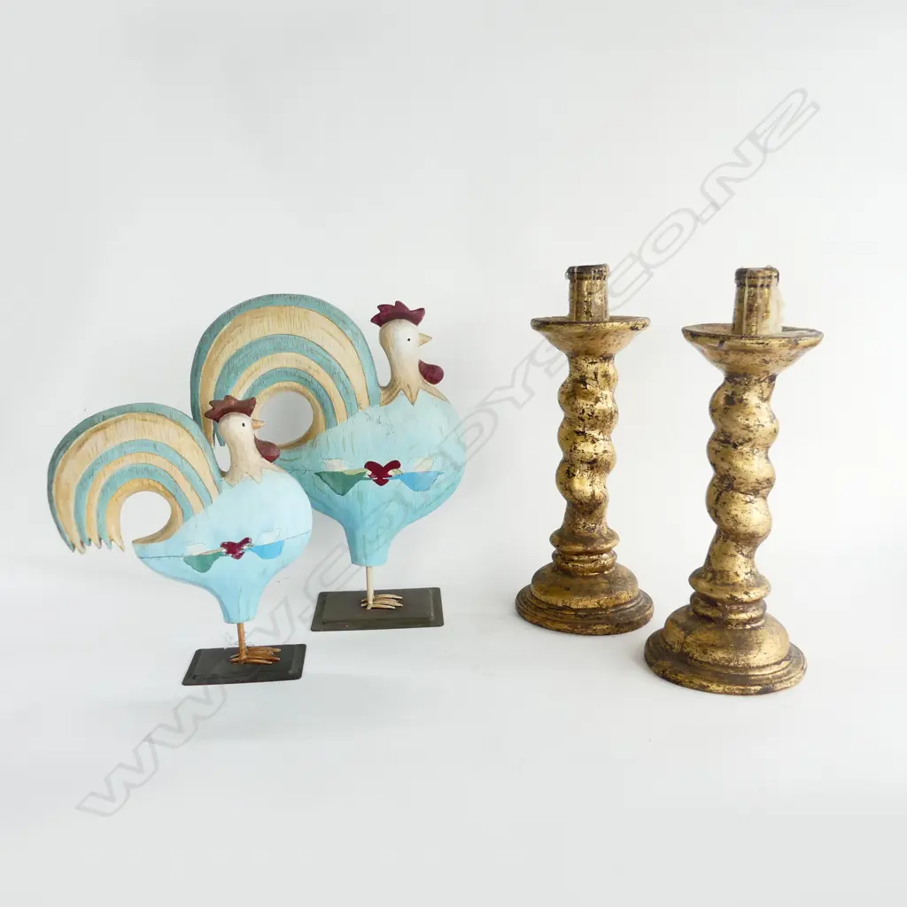 PR PAINTED CARVED WOODEN ROOSTERS H.340mm + PR GILT CERAMIC CANDLESTICKS H.360mm Image 1++