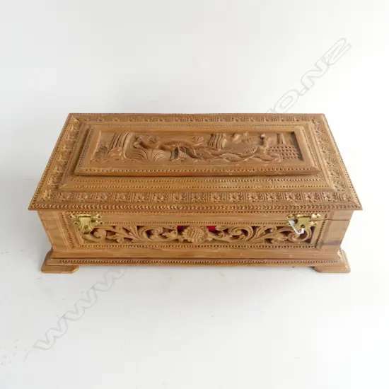 CARVED WOODEN ORIENTAL JEWELLERY BOX W.325mm