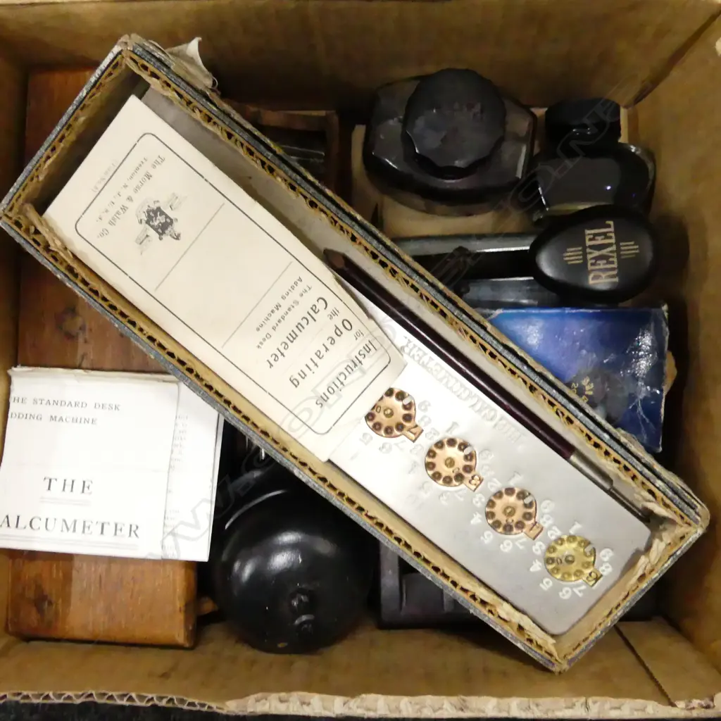 VINTAGE DESK EQUIPMENT; INK, BELL, STAPLER, CALCUMETER ETC Image 1++