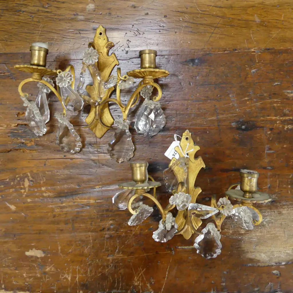 PR OF CAST GILT WALL CANDLE SCONCES WITH CRYSTAL DROPS H180MM Image 1++