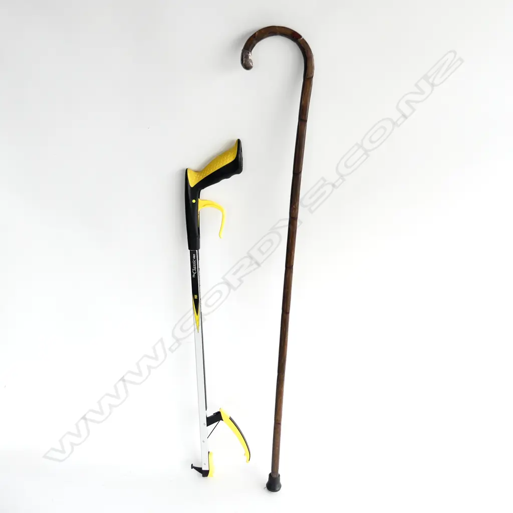 OLD SILVER ENDED WALKING STICK & GRABBER Image 1++