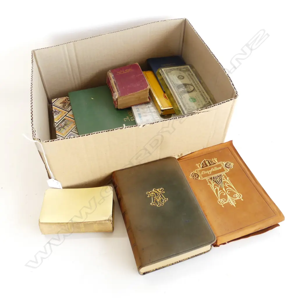 3 STAMP ALBUMS, ASST. WORLD NOTES & COINS, 4 ANTIQUE BOOKS Image 1++