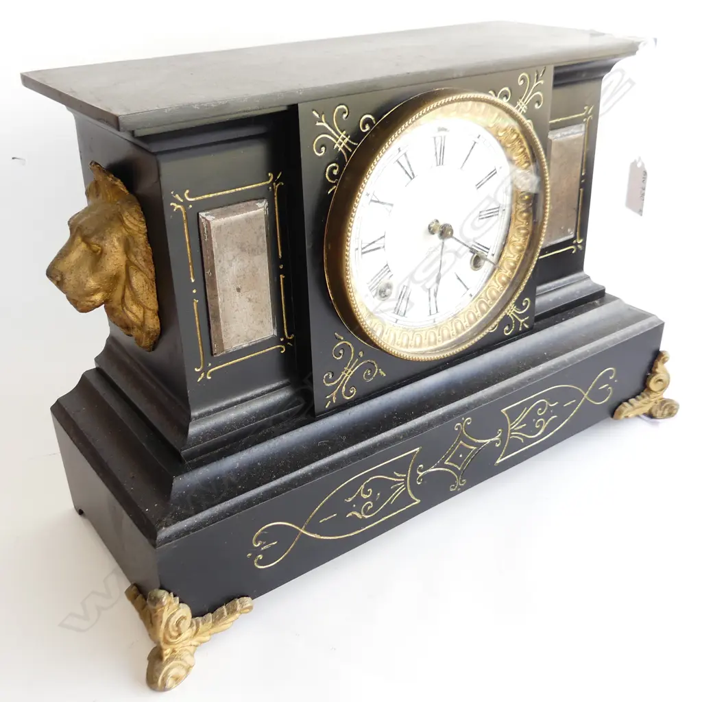 VICTORIAN ANSONIA MANTLE CLOCK WITH GOLD GILDED LIONS HEADS L. 410 H. 265MM Image 1++