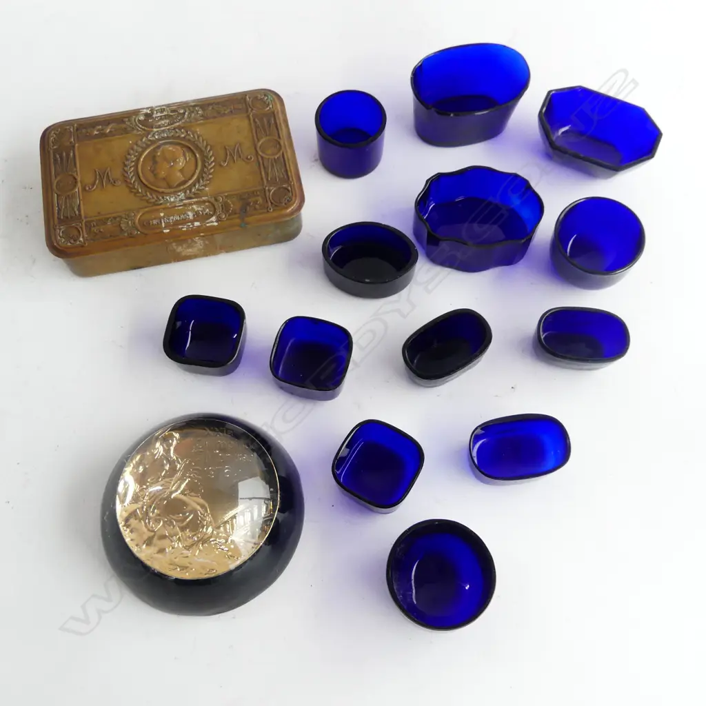PRINCESS MARY XMAS 1914 TIN, PAPERWEIGHT, ASST. BLUE GLASS SALT LINERS Image 1++