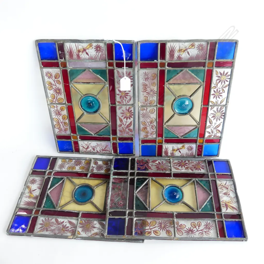 4 ARTS & CRAFTS STAINED & PAINTED LEADLITE GLASS PANELS 320 X 220mm maybe some faults Image 1++