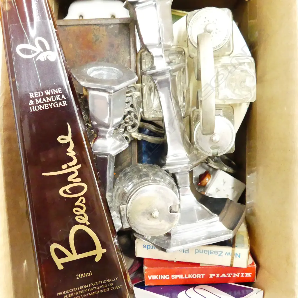 LOT ASST CRUET/BOX/CANDLE STICKS/STOPPERS/PAN AM PLAYING CARDS ETC Image 1++