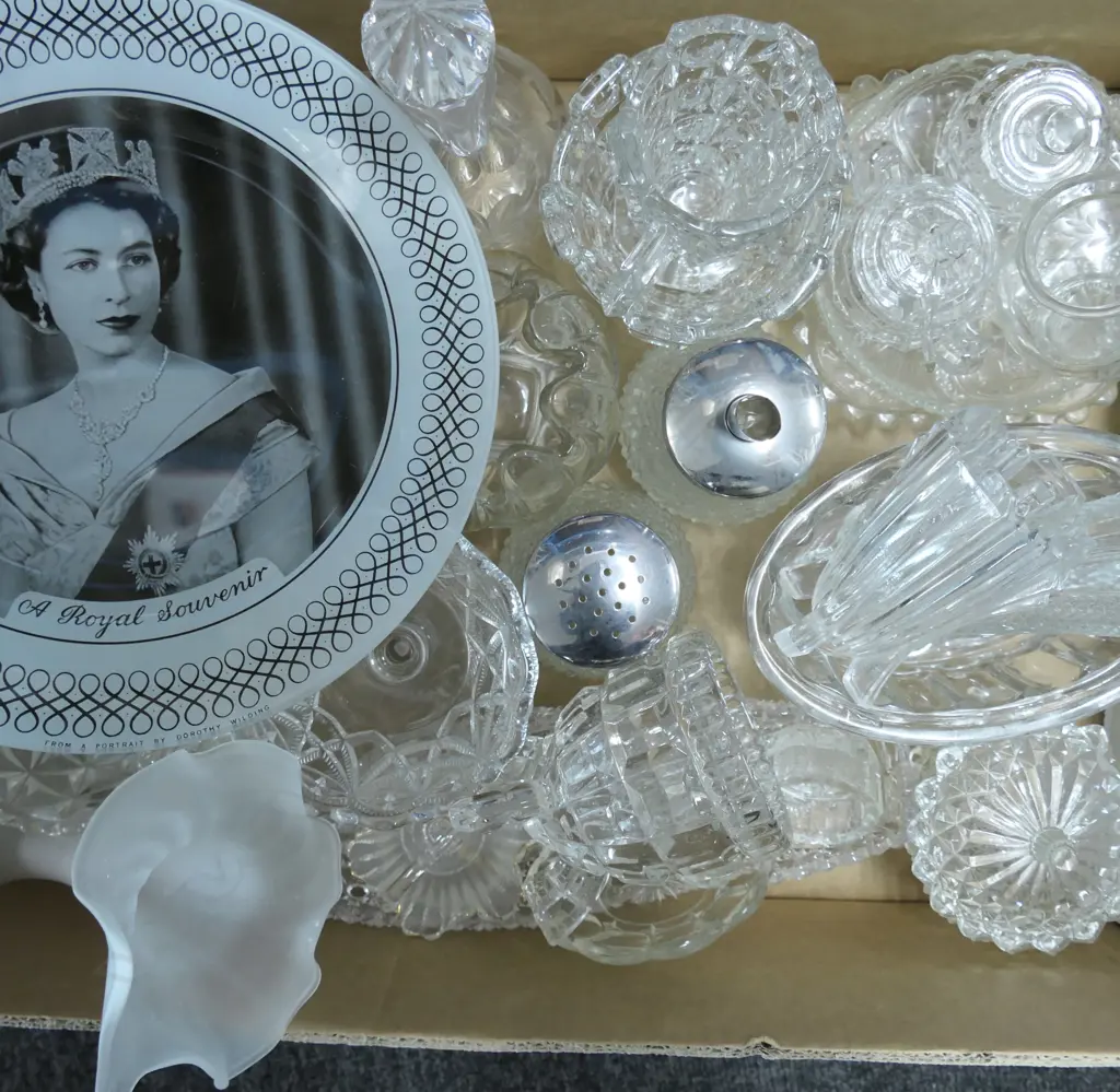 BIG BOX LOT ASST GLASS INCL DEPRESSION GLASS; BOWLS, VASES, DISHES, JARS, SUGAR DISPENSER ETC.. Image 1++