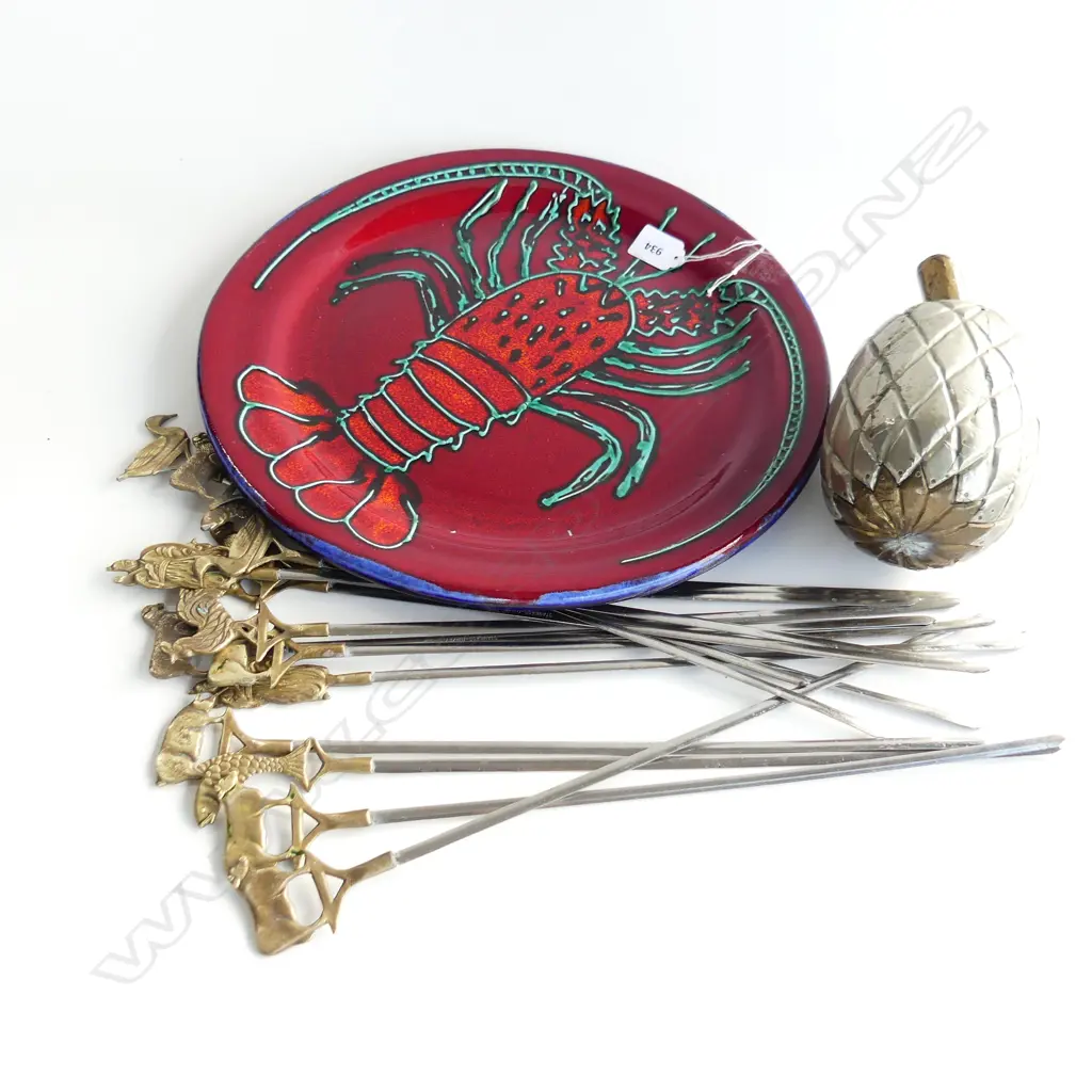 LG MORRIS & JAMES RED CRAYFISH PLATTER 370mm dia, SILVER PINEAPPLE, VINTAGE TURKISH SKEWERS L.400mm Image 1++
