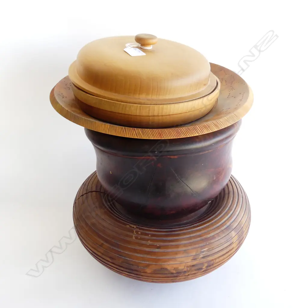 5 PCES TREEN; 4 TURNED WOODEN BOWLS 340mm dia + LIDDED CONTAINER  Image 1++