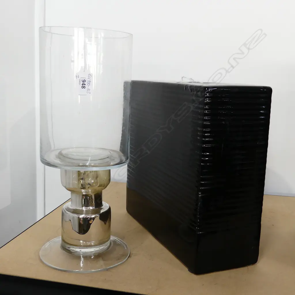 2 VASES: BLACK RECTANGULAR CERAMIC & GLASS CYLINDER w pedestal base Image 1++