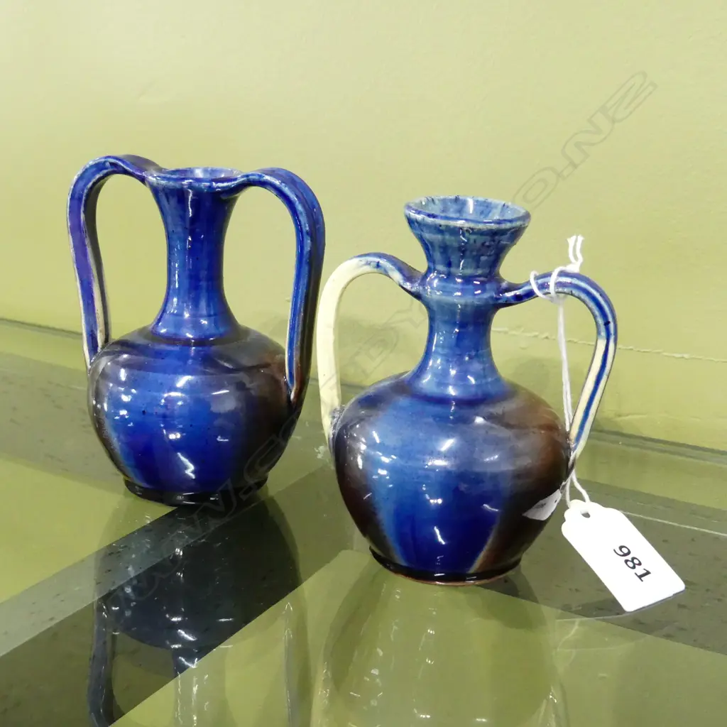 PR JOVAN RANCICH 2 HANDLED BLUE GLAZE VASES H. 105MM Image 1++