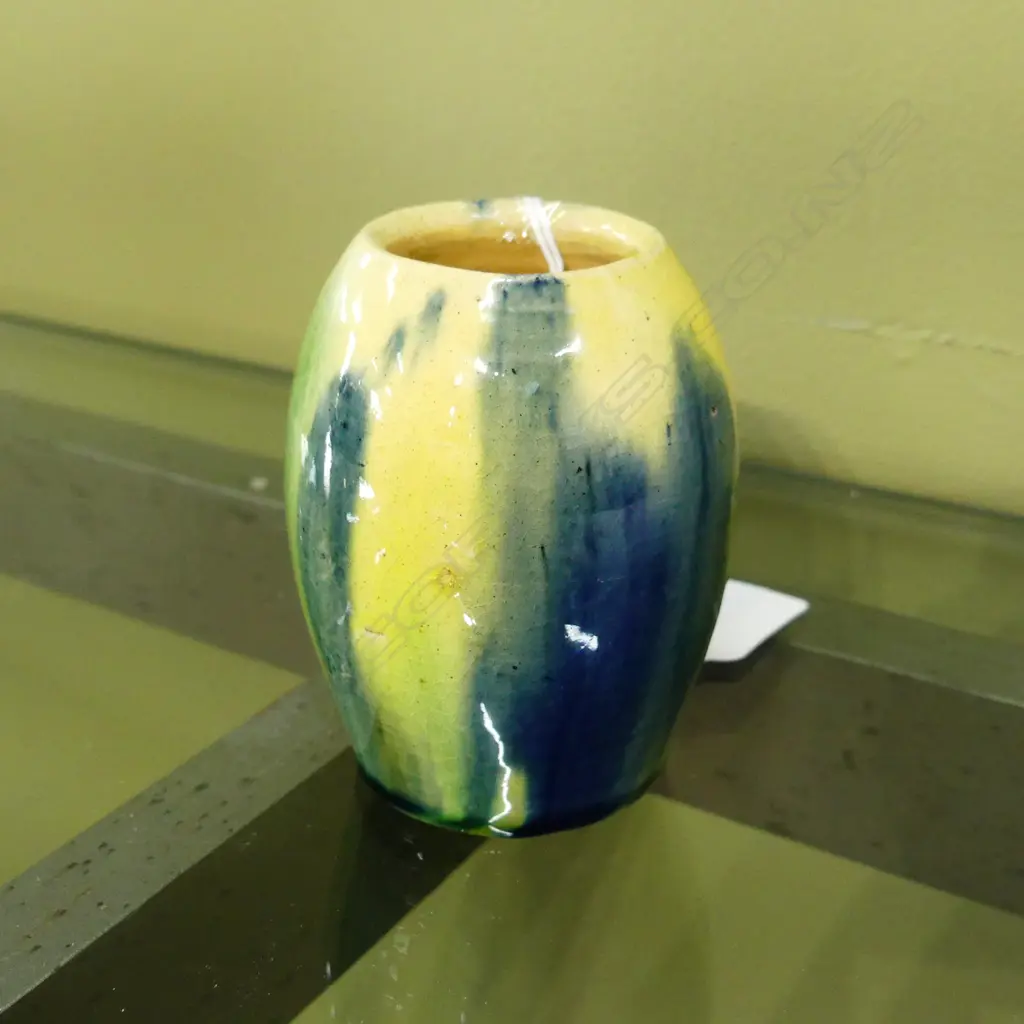 JOVAN RANCICH RICH BLUE, YELLOW & BROWN MAJOLICA STYLE GLAZE SM VASE. H. 82MM Image 1++
