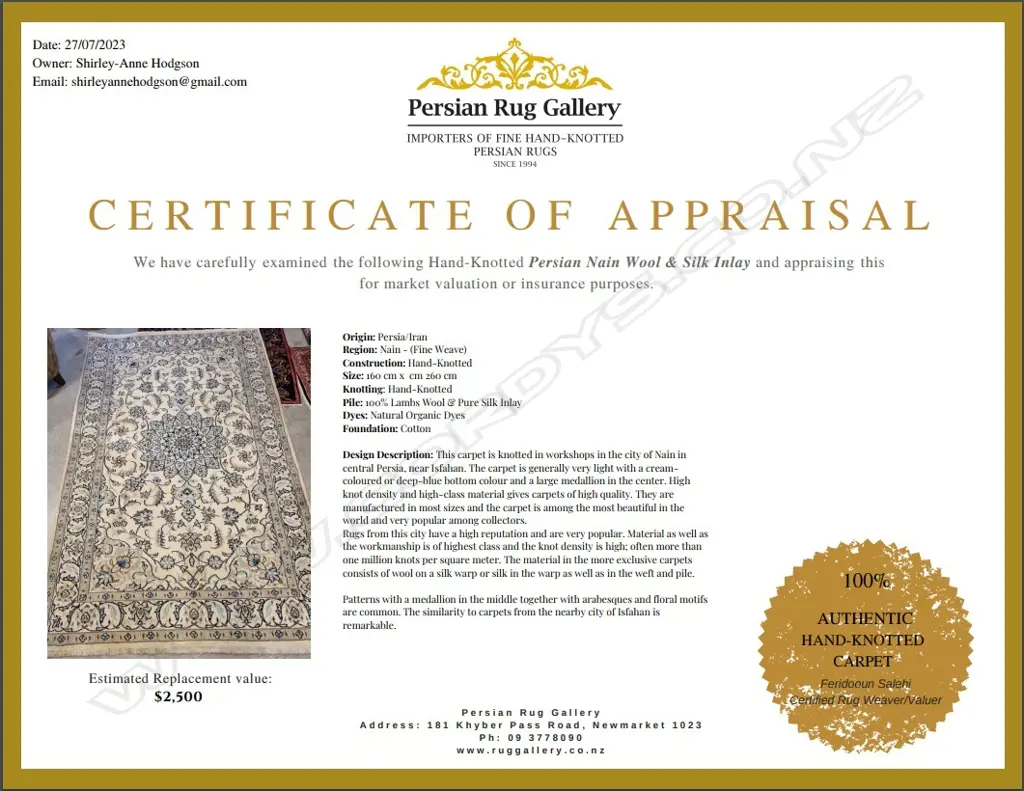 LG HAND KNOTTED PERSIAN WOOL / SILK PILE RUG 1600x2600mm w. 2023 $2500 CERTIFICATE Image 1++