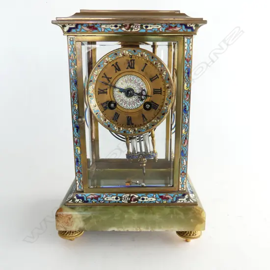 BRASS AND CLOISONNE CARRIAGE CLOCK - MERCURY PENDULUM ONYX BASE 145 x 120 x 240mm (requires some attention)