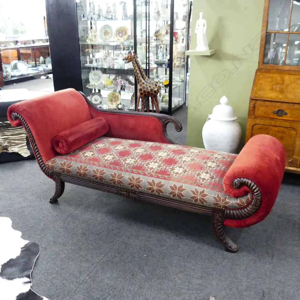 REGENCY STYLE CHAISE LOUNGE w. RED KELIM / VELVET UPHOLSTERY 2050x750x800mm Image 1++