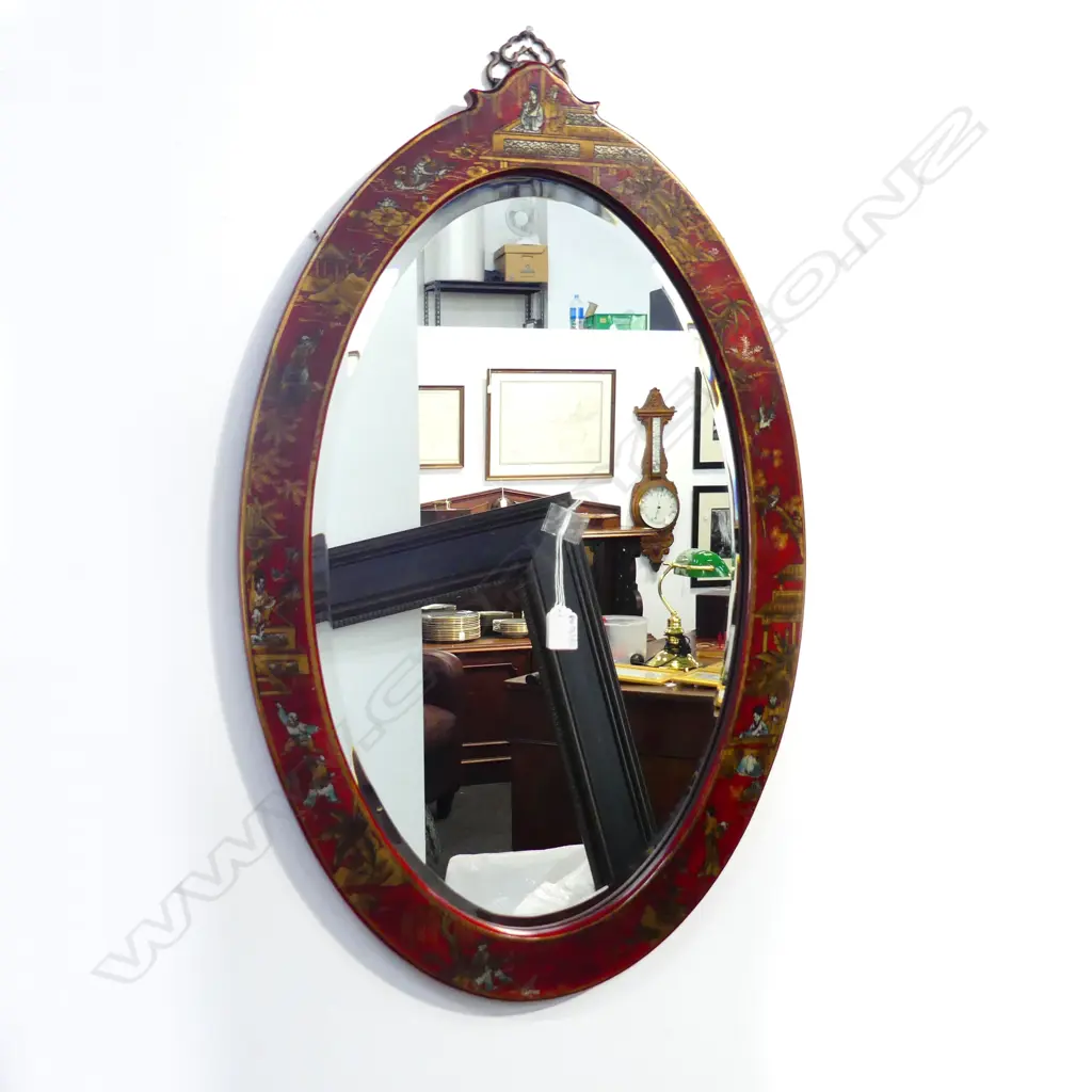 ORIENTAL RED LACQUER OVAL BEVELLED MIRROR 800x500mm Image 1++