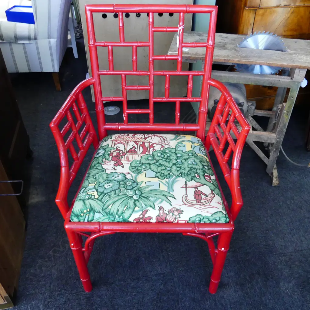 CHINESE CHIPPENDALE RED BAMBOO ARMCHAIR Image 1++