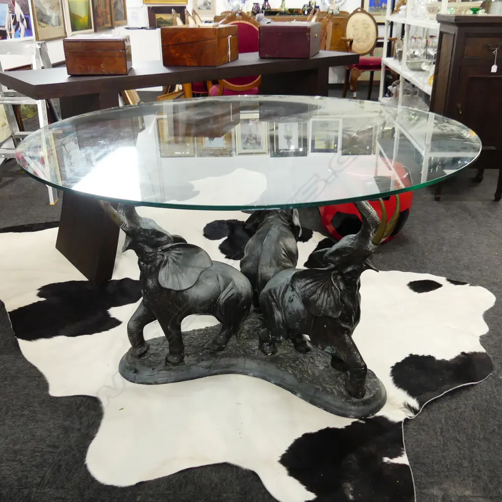 BRONZE ELEPHANT GLASS TOP COFFEE TABLE 1200mm dia Image 1++
