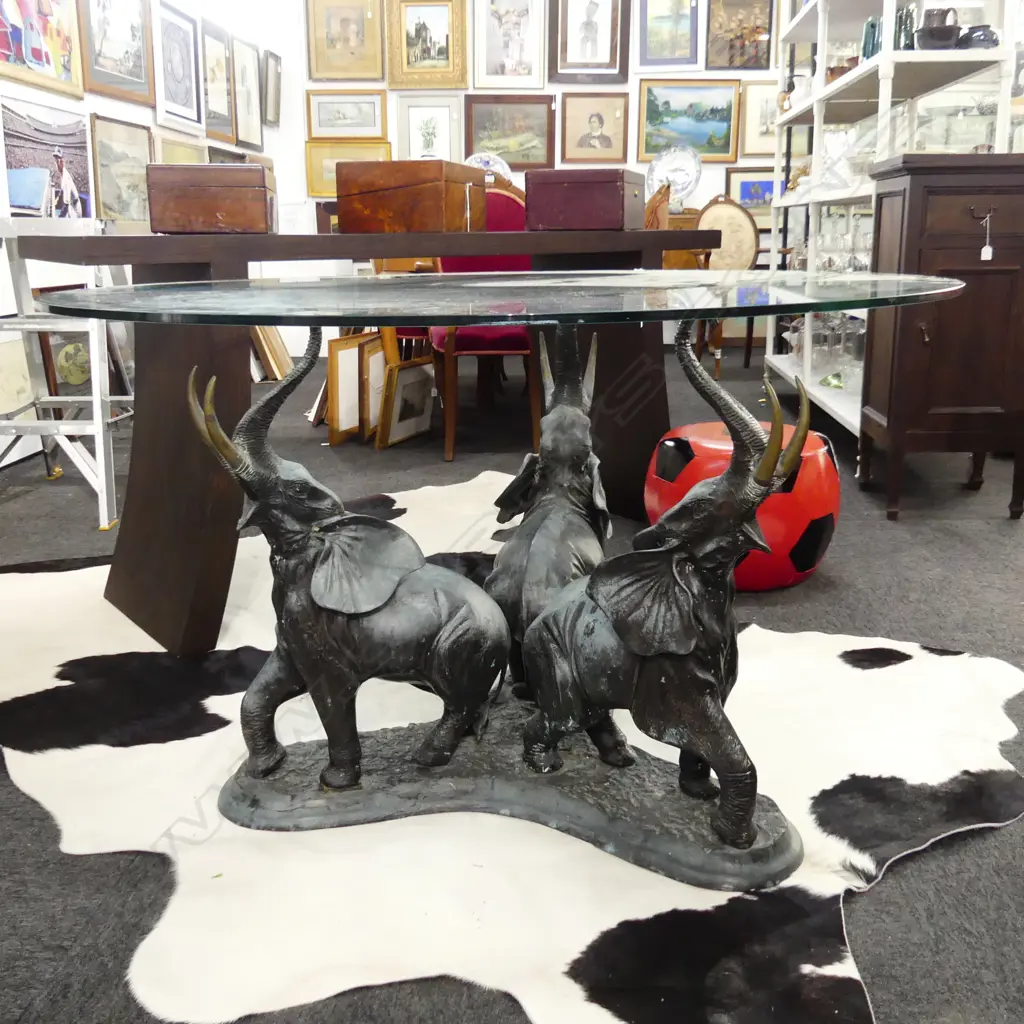 BRONZE ELEPHANT GLASS TOP COFFEE TABLE 1200mm dia Image 1++