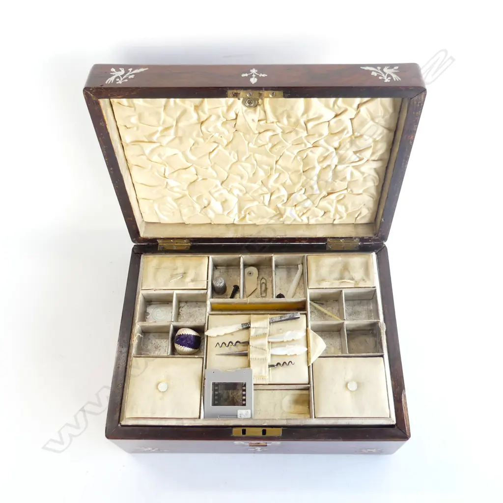 VICTORIAN ROSEWOOD SEWING/WORK BOX FITTED w silver & mop items escutcheon missing Image 1++